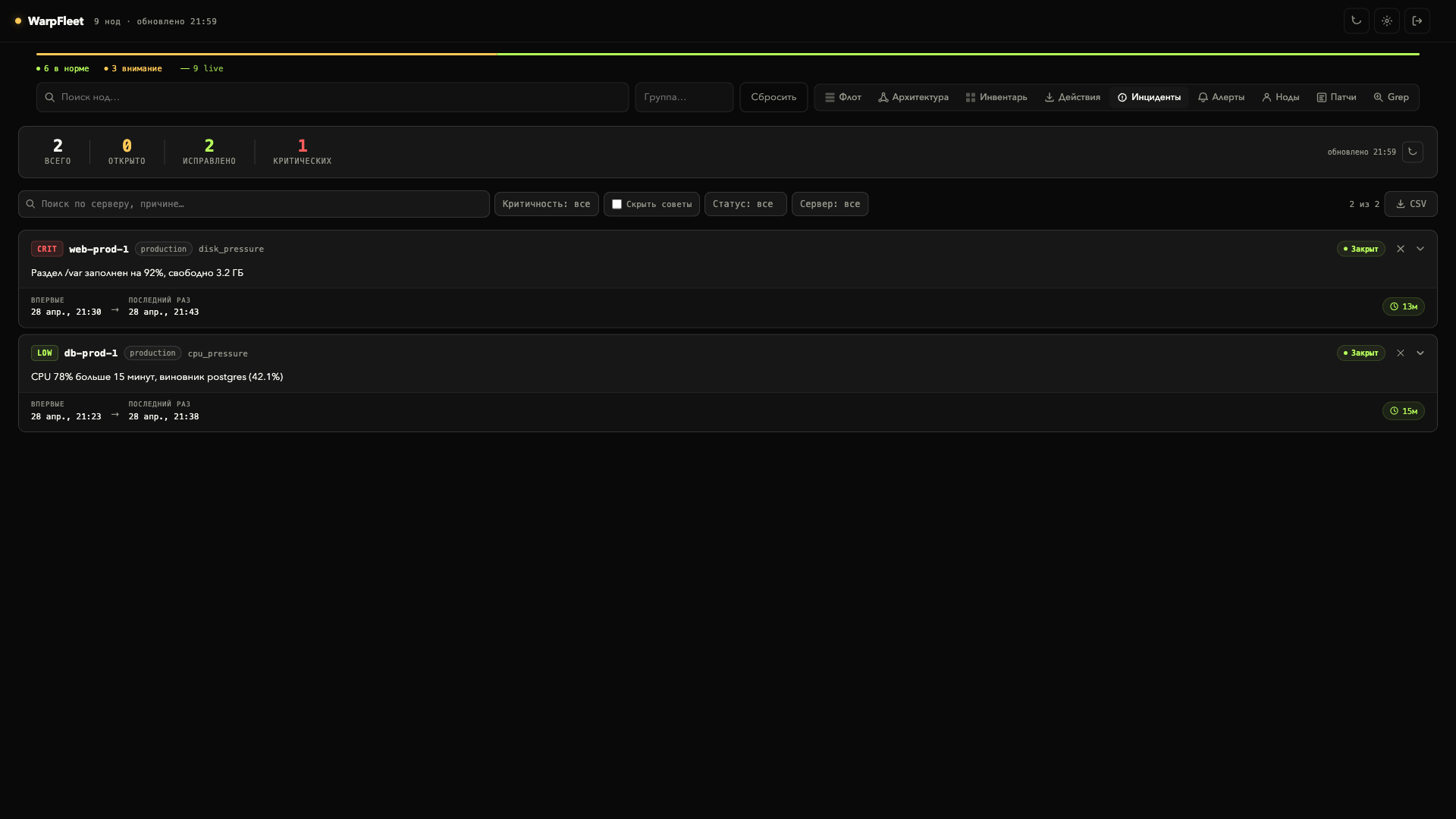 История инцидентов: CRIT disk_pressure, LOW cpu_pressure